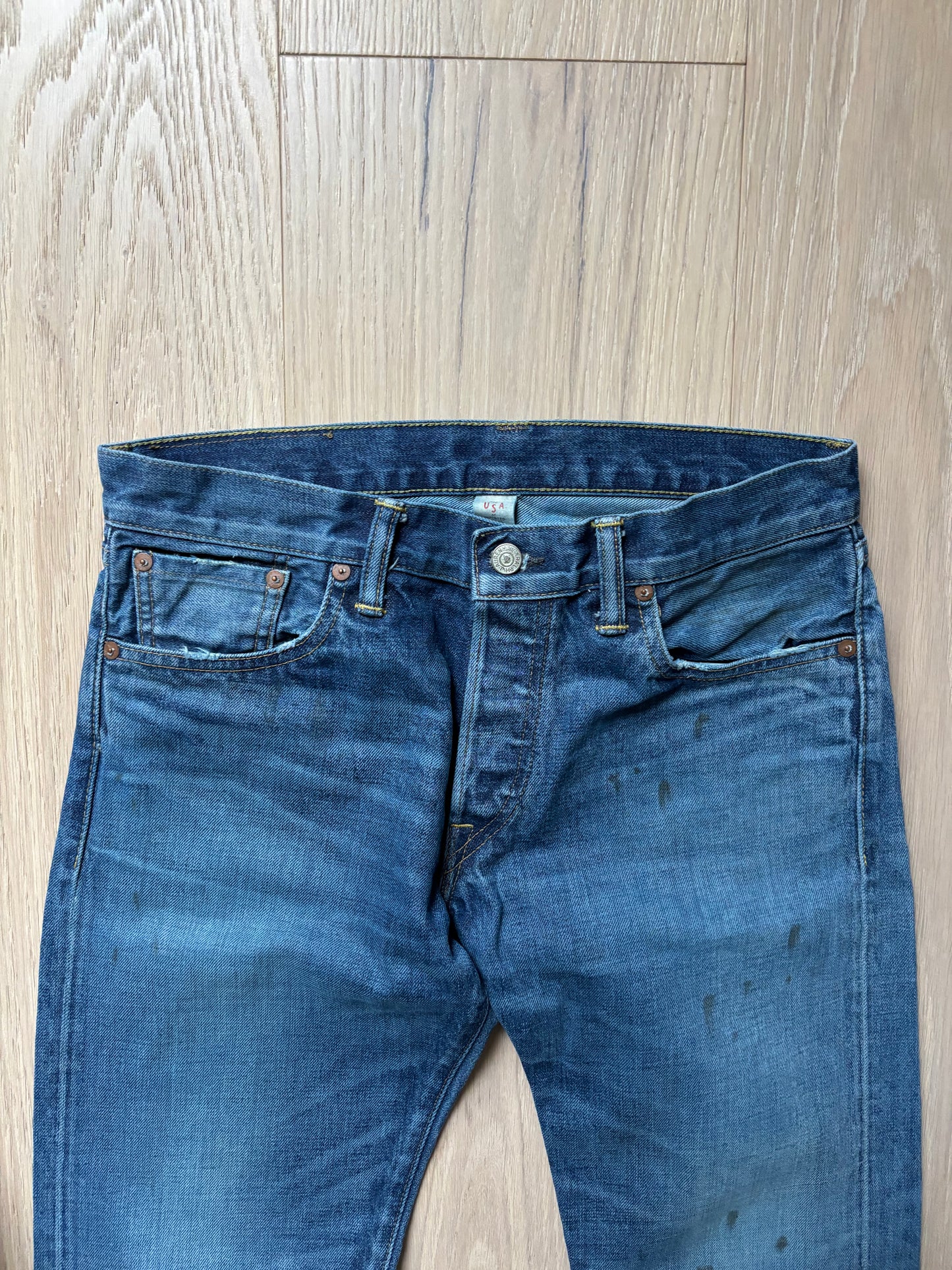 RRL Oil Stain Blue Straight Selvedge Jeans